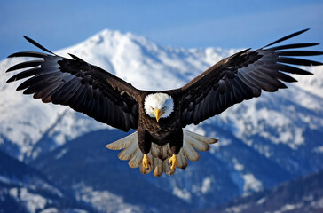 Obraz premium a bald eagle flying in front of a mountain range with its wings spread wide open and spread out, with the mountain in the background, generative ai
