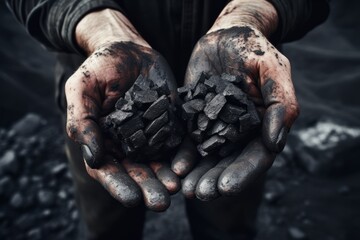 Fototapeta na wymiar Closeup photo of Miner's hands holding black coal