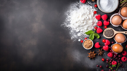 Ingredients for cooking baking, baking background. Flour, sugar, eggs, spices and utensil on black background. Top view with copy space. - obrazy, fototapety, plakaty