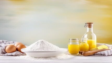Cooking and baking ingredients utensils on ligh background. Lactose and gluten free. Long banner format. place for text.