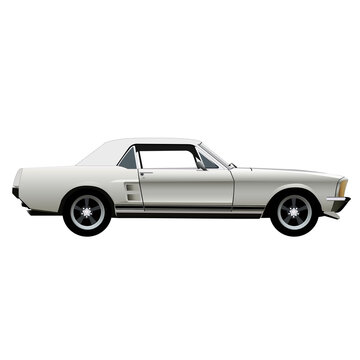 White retro flat classic car, transparent background, outlines, minimalistic, isolated