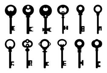 Black silhouette keys set isolated on white background. Vector illustration for any design. - 706482949