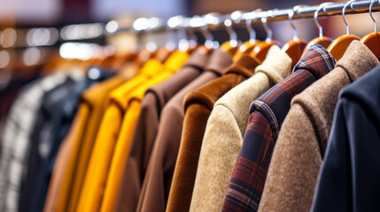 Fototapeta premium Row of different brown and warm knitted on hanger autumn, jacket, coat winter clothes-wooden background