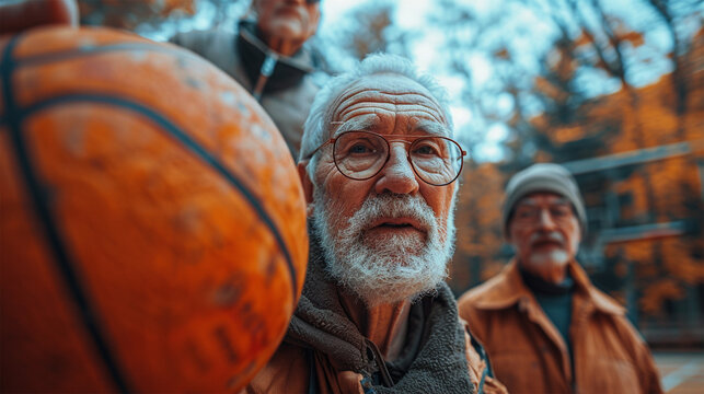 Older pensioners are actively involved in sports, playing basketball