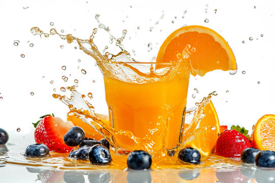 multifruit juice with splash on white background