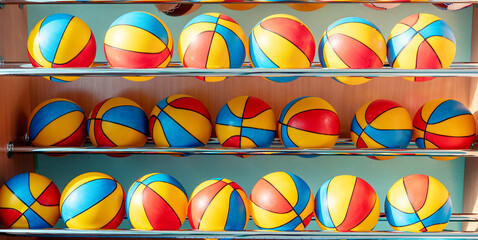 Multicolored basketball balls located in row indoor of sport school gym or medical rehabilitation centre - obrazy, fototapety, plakaty