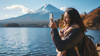 Female tourist using smartphone to take photos, world travel concept - obrazy, fototapety, plakaty