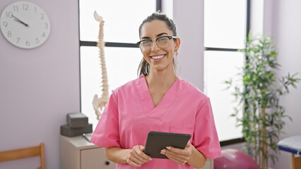 Smiling young hispanic woman, a beautiful physiotherapist, confidently using touchpad in rehab...