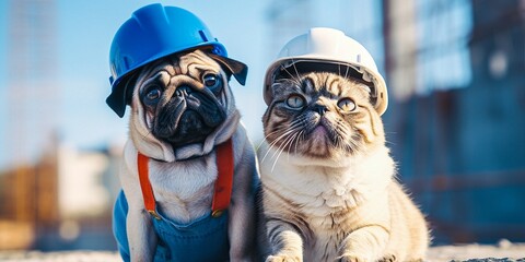 A pug dog in a blue helmet and a gray cat in a yellow mask look at the camera against the backdrop of houses under construction at a construction site. Construction concept - obrazy, fototapety, plakaty