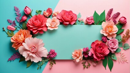Banner with flowers on light background. Greeting card template for Wedding, mothers or womans day. Springtime composition with copy space. Flat lay style