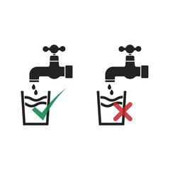 Bundle set of pictogram sign save to drink water and prohibition do not drink liquid, with check mark and do not cross sign