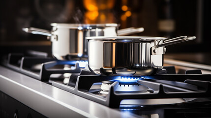 pot on gas stove, stainless pan on the hob, cooking on a gas stove, the cost of gas in Europe - obrazy, fototapety, plakaty