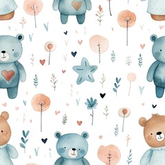 Cute Bear seamless pattern, Watercolor