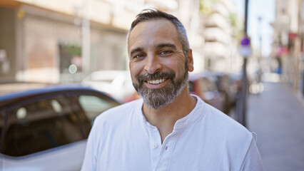 Handsome senior hispanic man with grey beard smiling on a sunny city street.