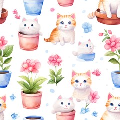 Cute Cats seamless pattern, Watercolor