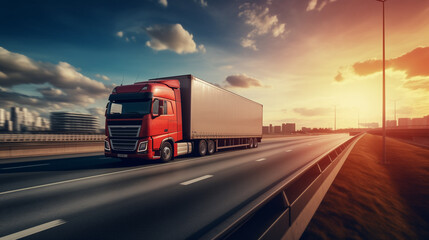 Trucks that carry cargo containers and running on the highway The concept of product delivery, transportation