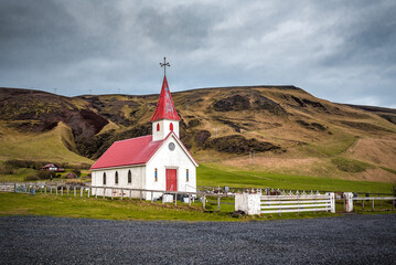 Typical Iceland wooden church in small village. Iceland Scandinavia - obrazy, fototapety, plakaty