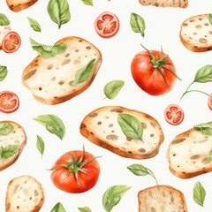 seamless pattern with tomatoes and baguette. Mediterranean cuisine.