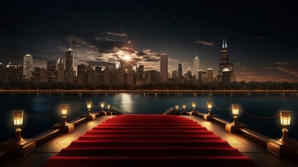 Luxurious interior with velvet curtains opening to reveal a stunning city skyline at night.