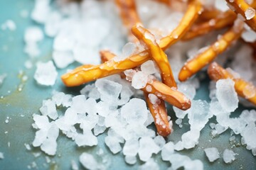 close-up of sea salt crystals on pretzels