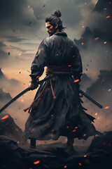 Fototapeta premium Japanese ferocious samurai warrior with katana on dramatic neutral background
