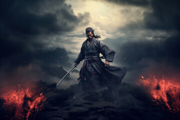 Japanese ferocious samurai warrior with katana on dramatic neutral background