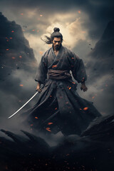 Naklejka premium Japanese ferocious samurai warrior with katana on dramatic neutral background