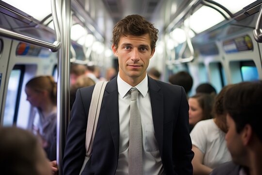 Businessman in suit stands on commuter train, public transport city picture