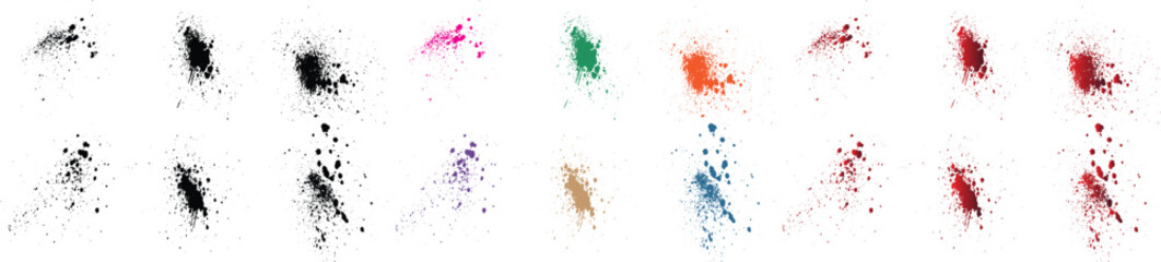 Paint realistic black, red, orange, purple, wheat, green color blood splatter brush stroke vector set