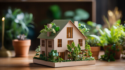miniature toy house in grass close up, spring natural background. symbol of family. mortgage, construction, rental, property concept.