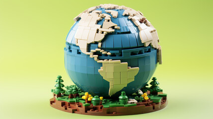 world globe made of plastic construction bricks. 3D rendering.