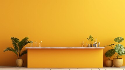 Modern Kitchen Interior Design with Yellow Background, Empty 3D Room, and Stylish Studio Podium for...