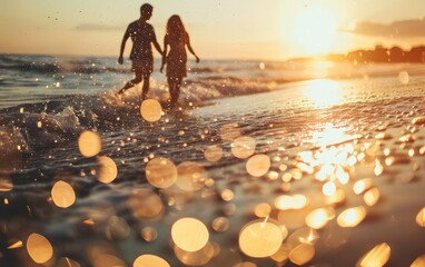 A joyful couple shares moments of fun and happiness on the beach, with the soft, defocused bokeh light adding a touch of magic to their seaside experience.