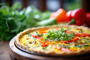 close-up of a veggie quiche with vibrant bell peppers