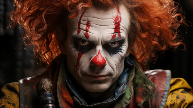 close-up portrait of a scary clown with red hair and makeup