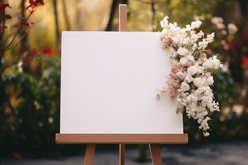 Empty White wedding board decorated with flowers on a wooden stand and placed in front of the wedding background wedding