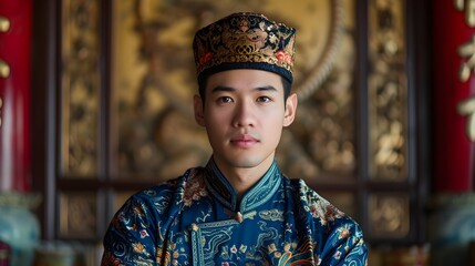A man in traditional embroidered attire and cap stands with a dignified expression against a backdrop of ornate wooden carvings.