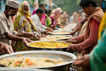 Volunteers distribute food to poor people in the open air