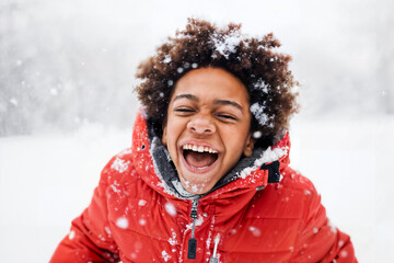 Joyful African-American Child in Snowfall. Generative AI