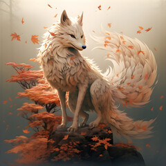 Kumiho Korean Folklore Nine Tail Fox Shapeshifter AI Artwork - obrazy, fototapety, plakaty