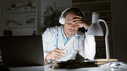 Stressed hispanic male doctor working late in a clinic office, wearing headphones, displaying exhaustion and concern.