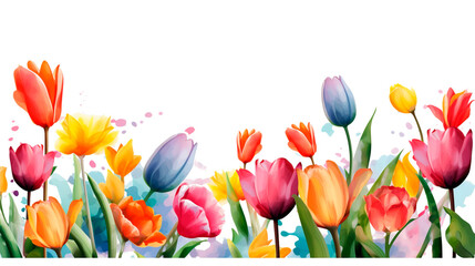 Spring background with tulips and watercolor splashes