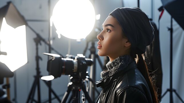 A young woman in a leather jacket and headscarf profiles against studio lights, with a camera in the background.
