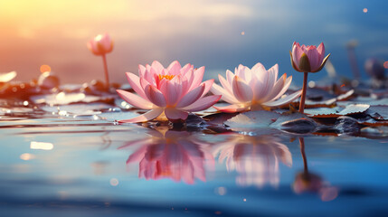 Pink Lotus Flower Or Water Lily Floating On The Water - obrazy, fototapety, plakaty