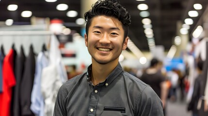 A cheerful man with a stylish haircut smiles brightly in a busy trade show environment.