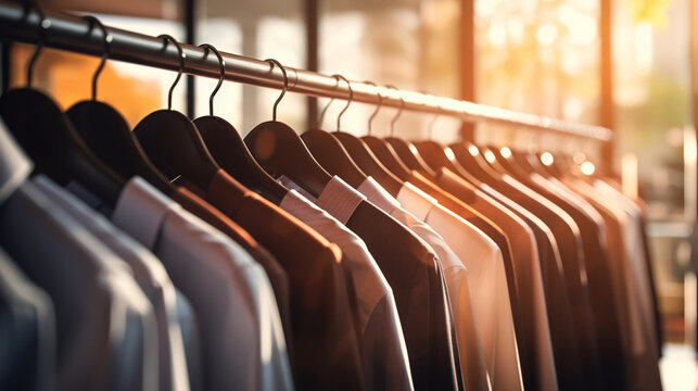 Row Of Men's Suit Jackets Hanging In Closet