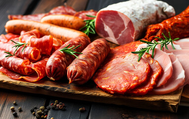 sausage, meat, beef, pork, and vegetables accurate, row of meat dishes. different types of meat products. fresh and salty