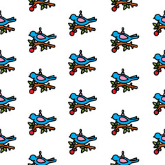Seamless pattern. Original vector illustration. The icon of a Christmas tree toy bird on a branch.