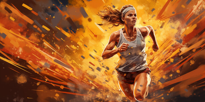 Artistic female athlete running fitness concept. Lady runner abstract colorful art background