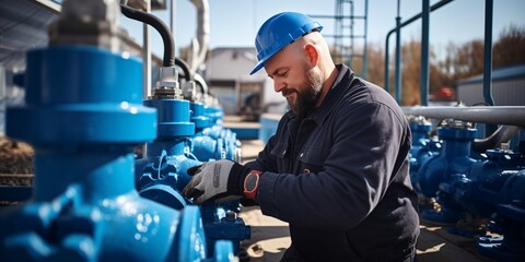 An employee at a water facility checks valves for clean water distribution in a substation at a major industrial site. Water pipes. Industrial plumbing. - obrazy, fototapety, plakaty